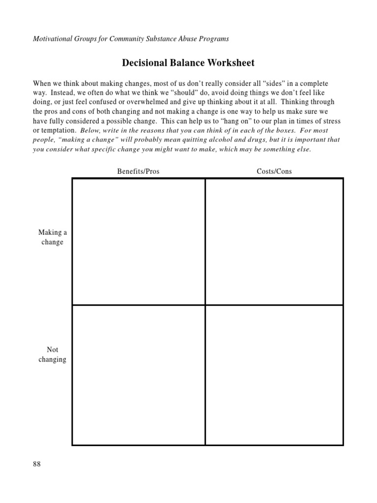 Decisional Balance Worksheet PDF | PDF | Substance Abuse | Psychoactive ...