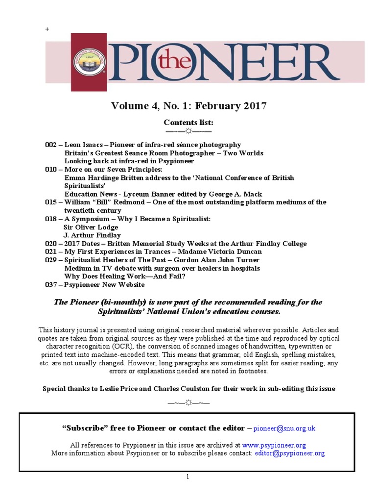 Pioneer Vol4No1February2017 | PDF | Mediumship | Spiritualism, image size:768x1024