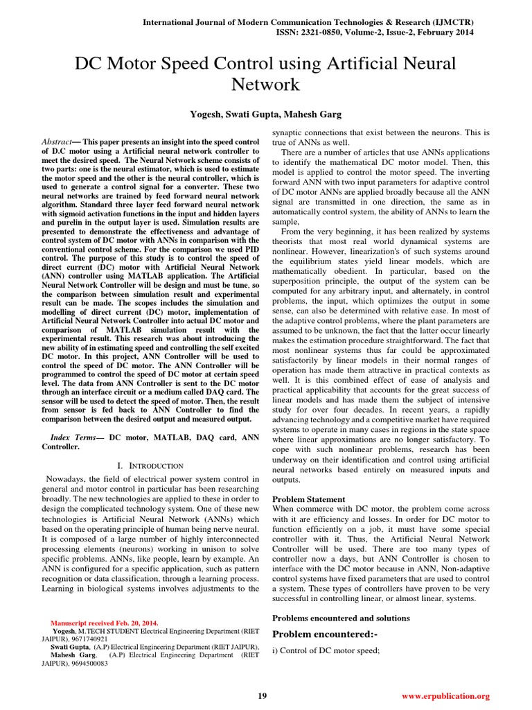 DC Motor Speed Control Using Artificial Neural Network Yogesh, Swati Gupta, Mahesh Garg PDF