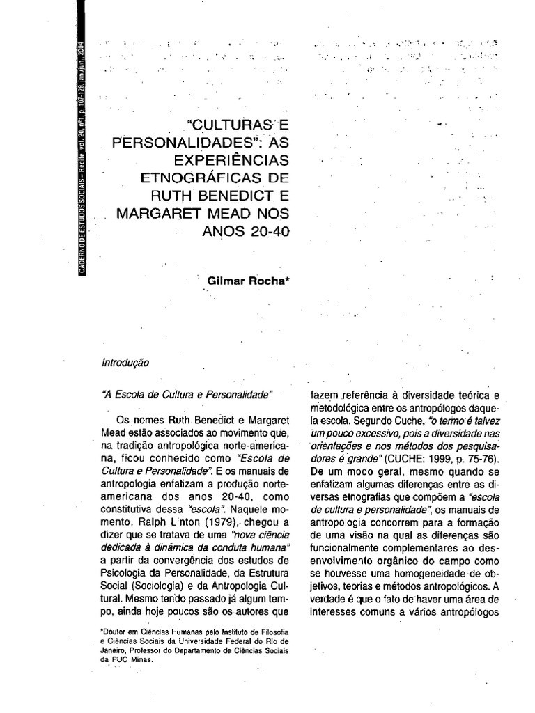 As Experiecnias Etnograficas de Ruth Benedict e Margaret