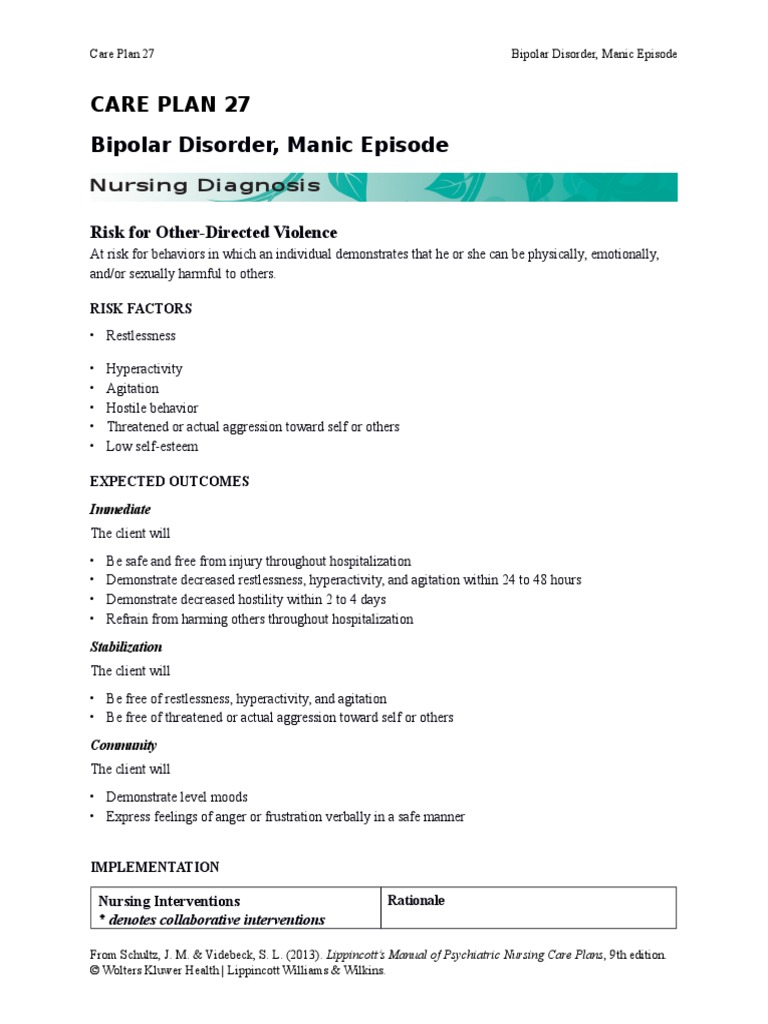Care Plan 27 1 Mania Bipolar Disorder