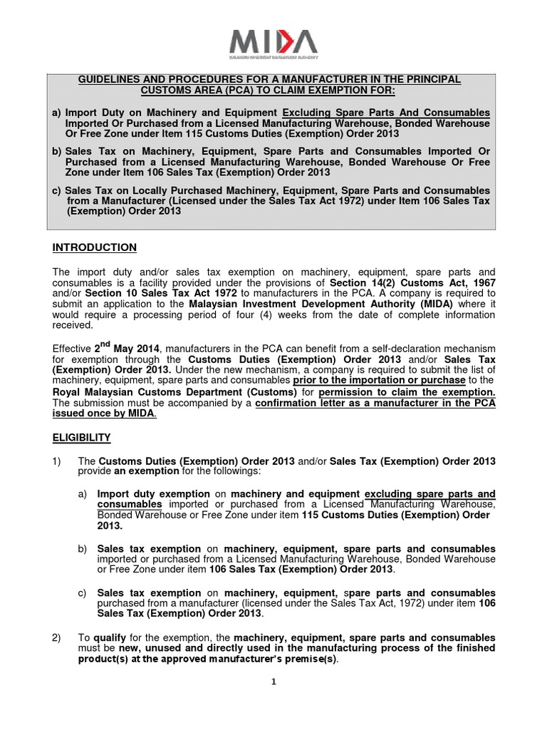 MIDA Guidelines for Import Duty Exemption | PDF | Customs | Warehouse