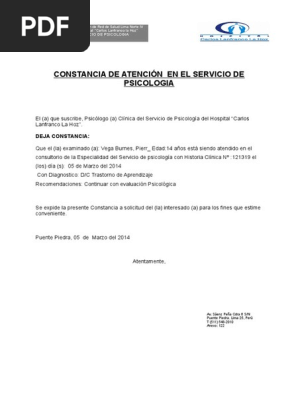 Constancia De Atencion En El Servicio De Psicologia Doc