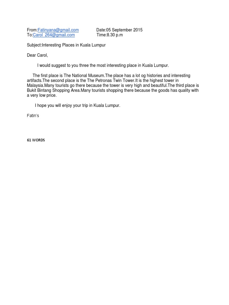 Email Suggesting Kuala Lumpur Attractions | PDF