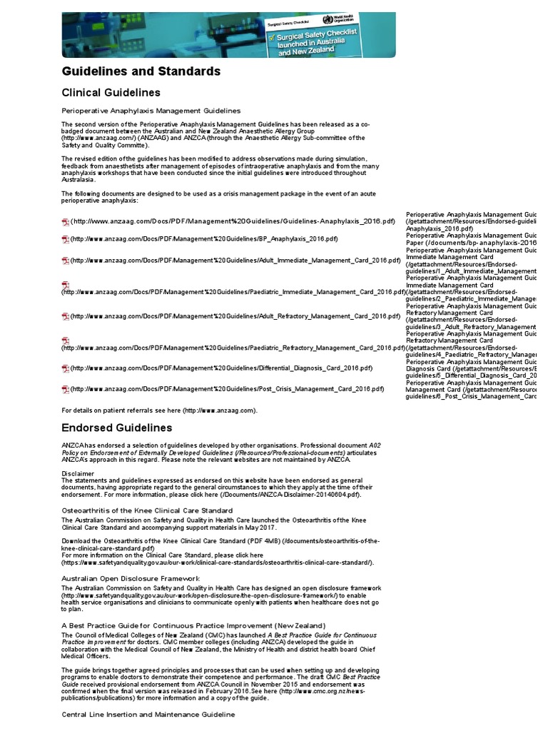 Guidelines and Standards ANZCA PDF Health Care Anesthesiologist