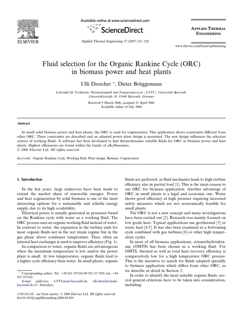 Fluid Selection For The Organic Rankine Cycle (ORC) in Biomass Power ...