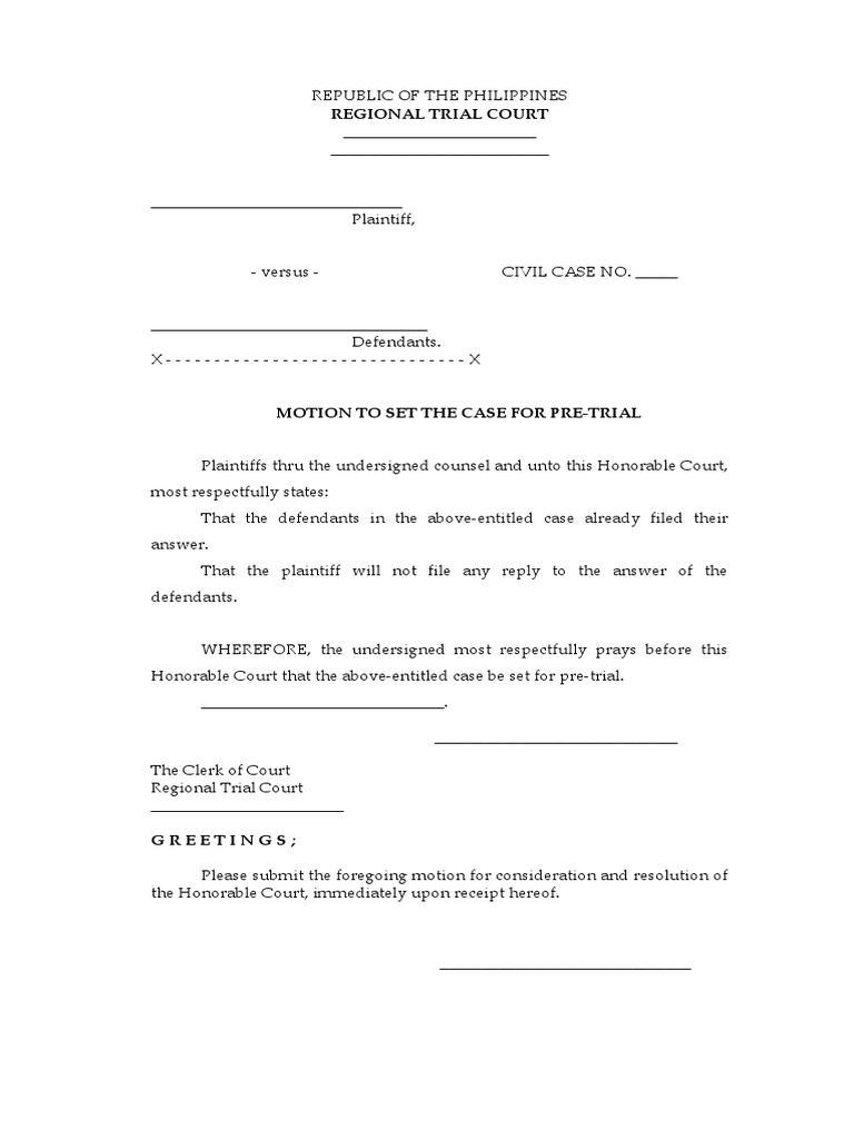 Setting the Stage for Resolution: Motion to Schedule a Pre-Trial ...
