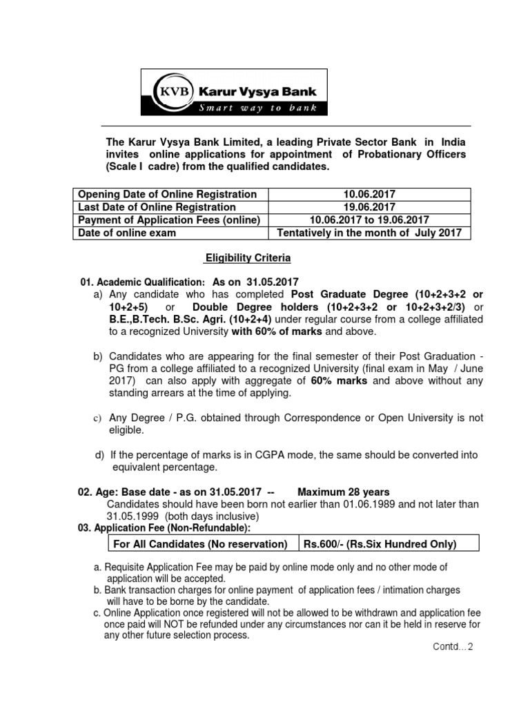 Karur Vysya Official Notification For Probationary Officer Image
