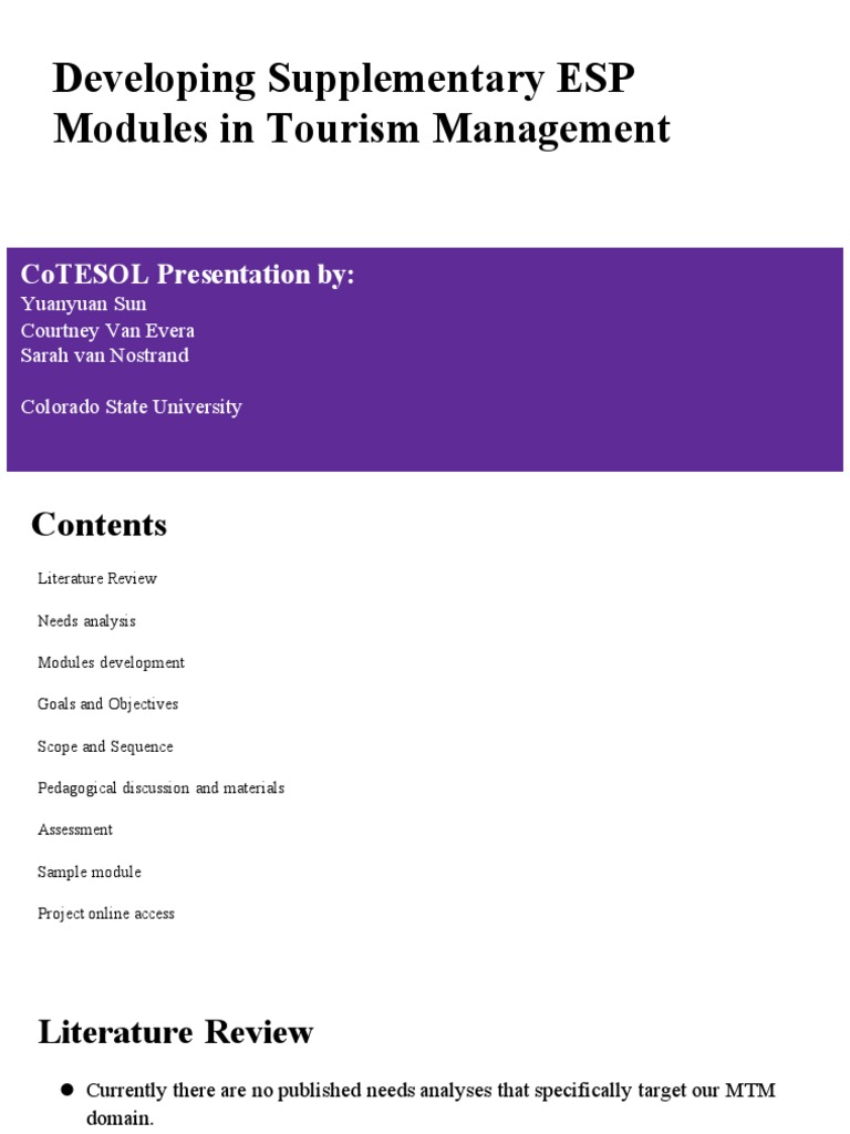 Developing Supplementary Esp Modules in Tourism Management: Cotesol ...