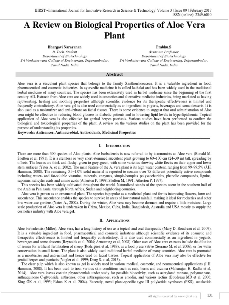 Biological Properties of Aloe Vera Plant | PDF | Inflammation | Biology