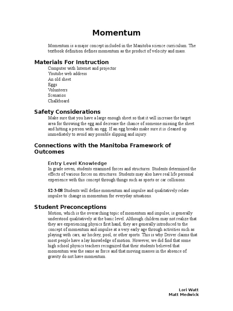 Worksheet Momentum | Momentum | Force