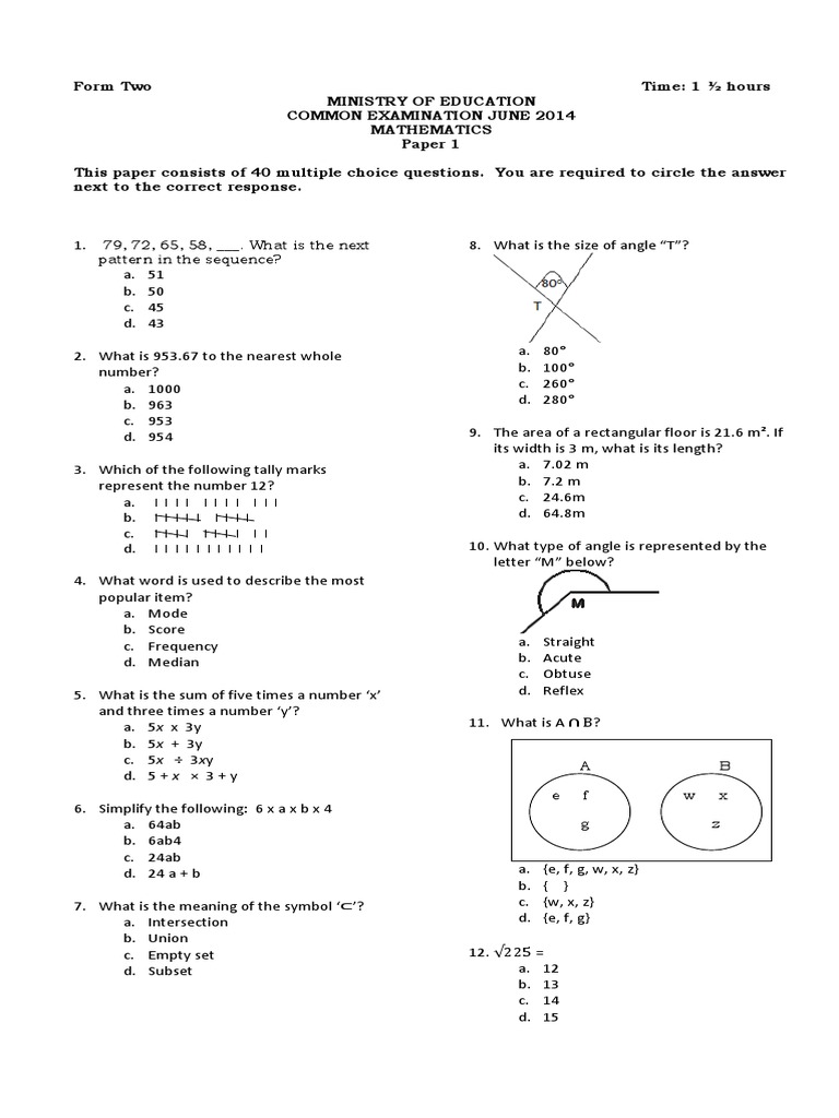 Mathematics - Form 2 - Paper 1 | PDF | Angle | Geometry