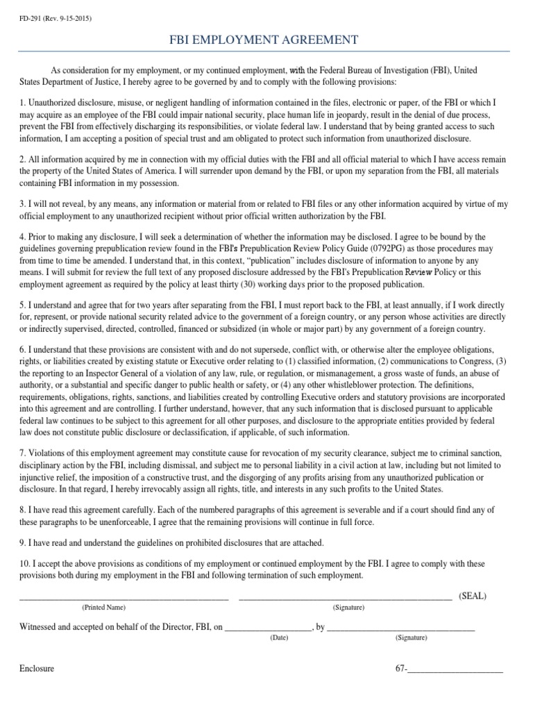 FBI Employee Agreement FD-291 | PDF | Discovery (Law) | Federal Bureau ...