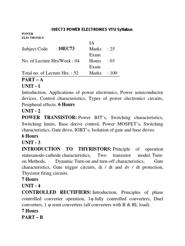10ec73 Power Electronics Vtu Syllabus Power Electronics Power Inverter