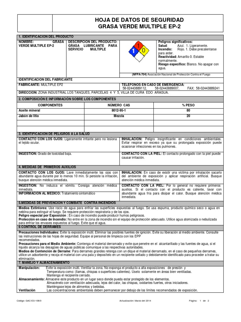 Hoja de Seguridad Grasa Multiple Ep 2 Toxicidad Agua