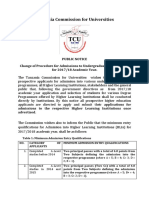 TCU Change of Procedure For Admissions To Undergraduate Programmes For 2017/18 Academic Year.