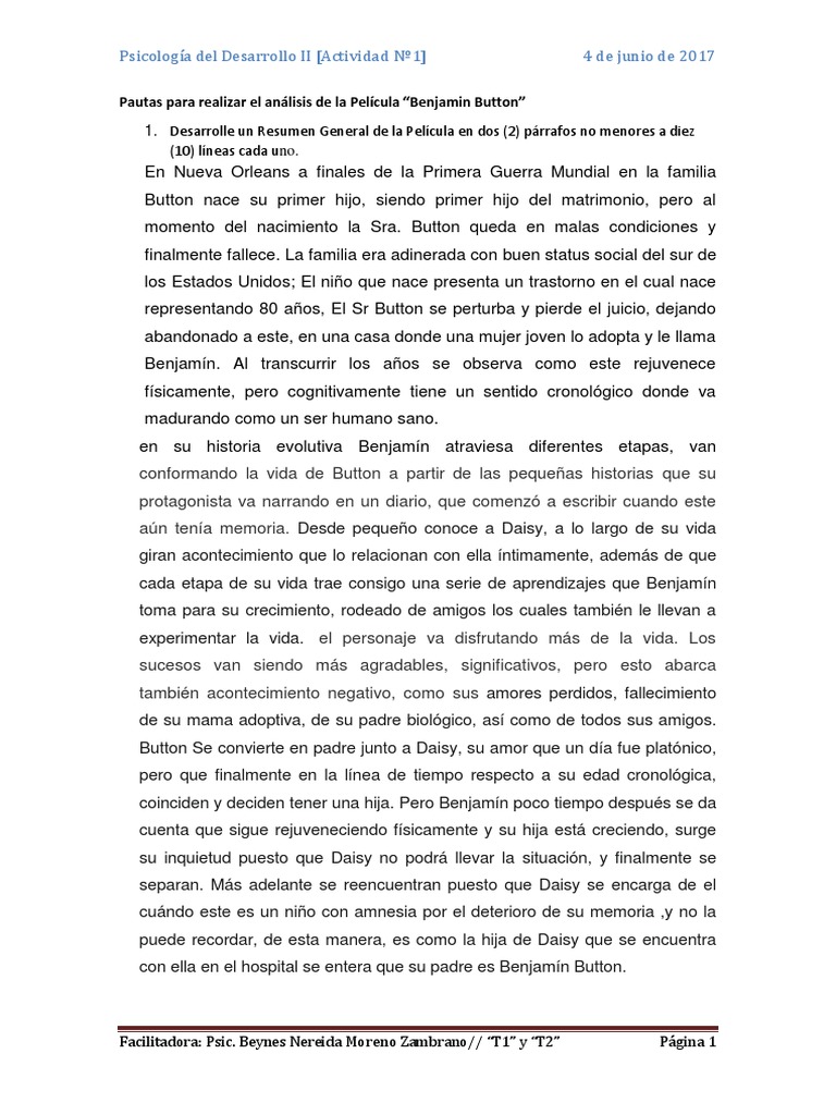 Pautas Del Análisis de La Película Benjamin Button Con 