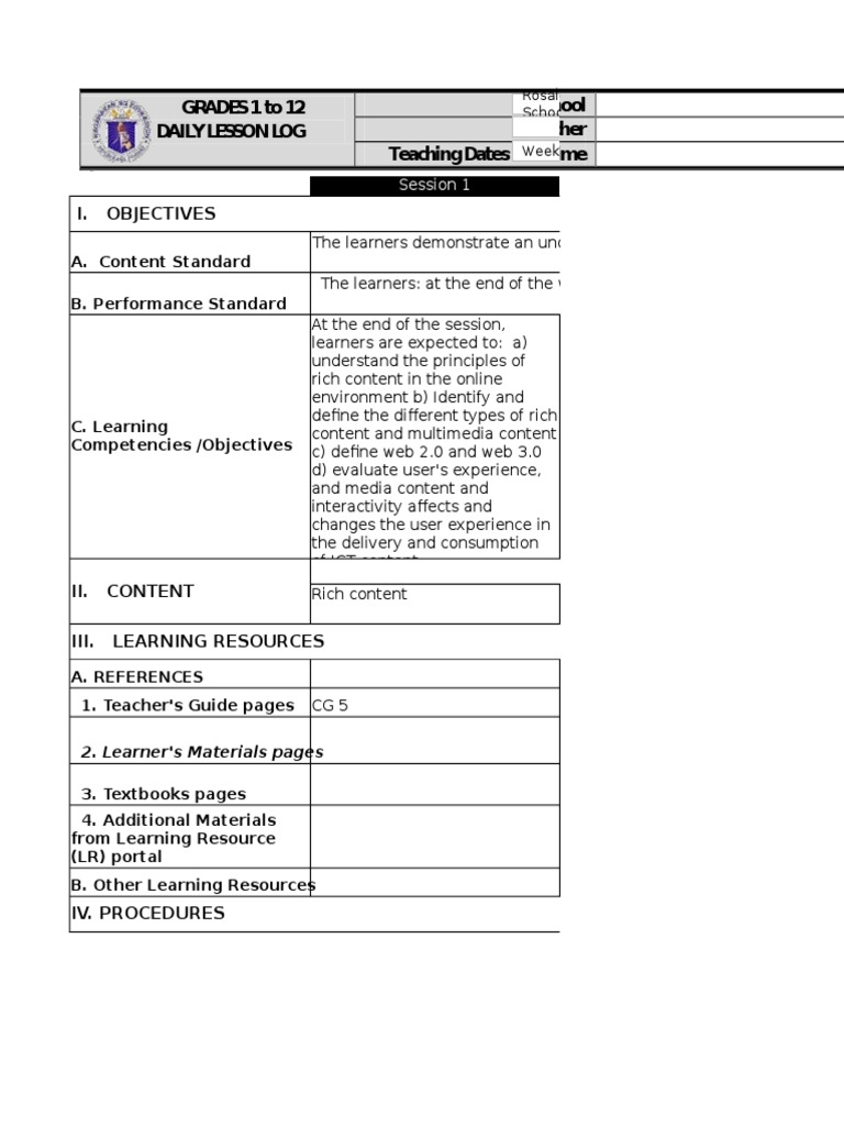 GRADES 1 To 12 Daily Lesson Log School Grade Level Teacher Learning ...