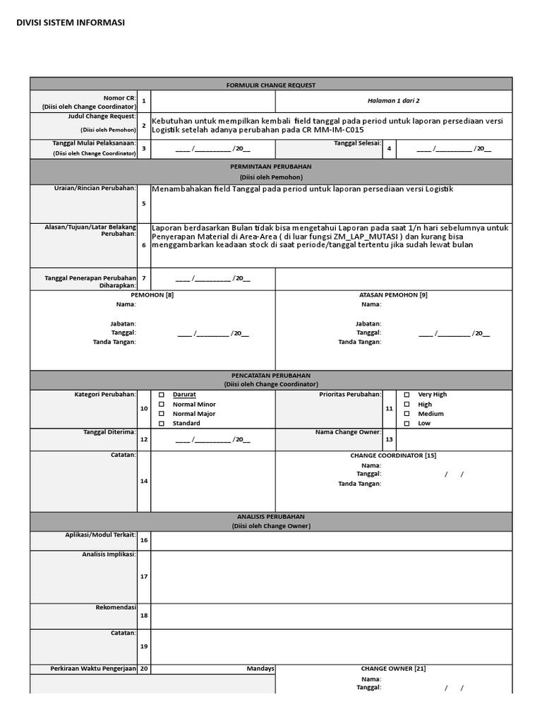 Formulir Permintaan Perubahan Sistem | PDF