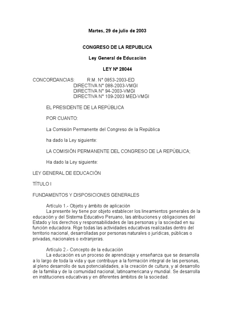 Ley General de Educación N° 28044 Perú | PDF | Educación primaria ...