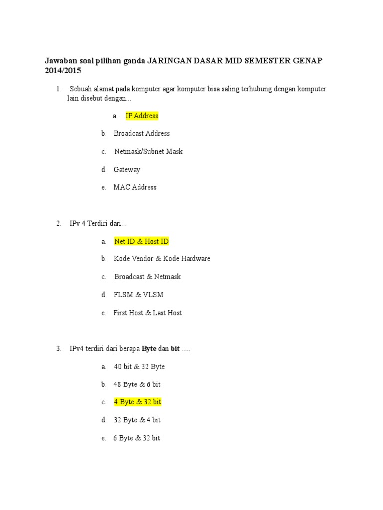 Jawaban Soal Pilihan Ganda Jaringan Dasar Mid Semester