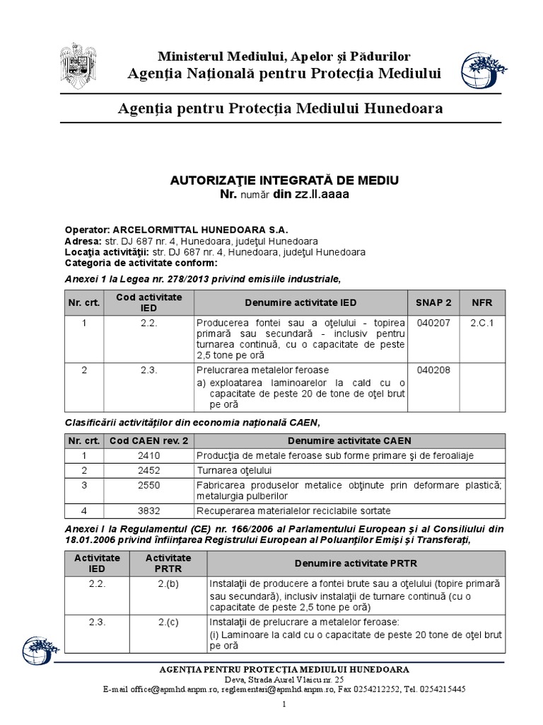 Proiect Autorizatie Integrata De Mediu Arcelormittal Hunedoara
