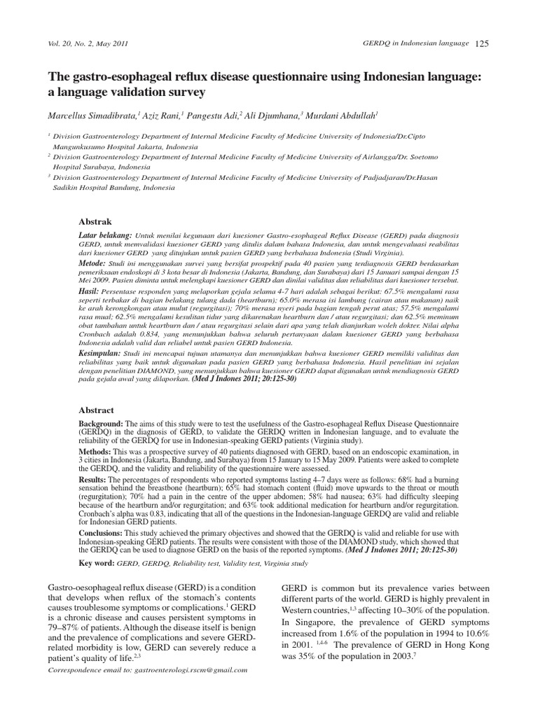 Validating GERDQ for Indonesian GERD Patients | PDF | Gastroesophageal ...