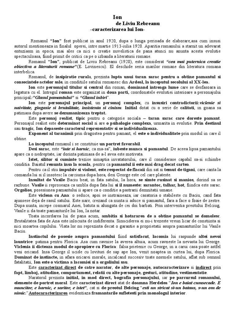 Caracterizarea Lui Ion De Liviu Rebreanu