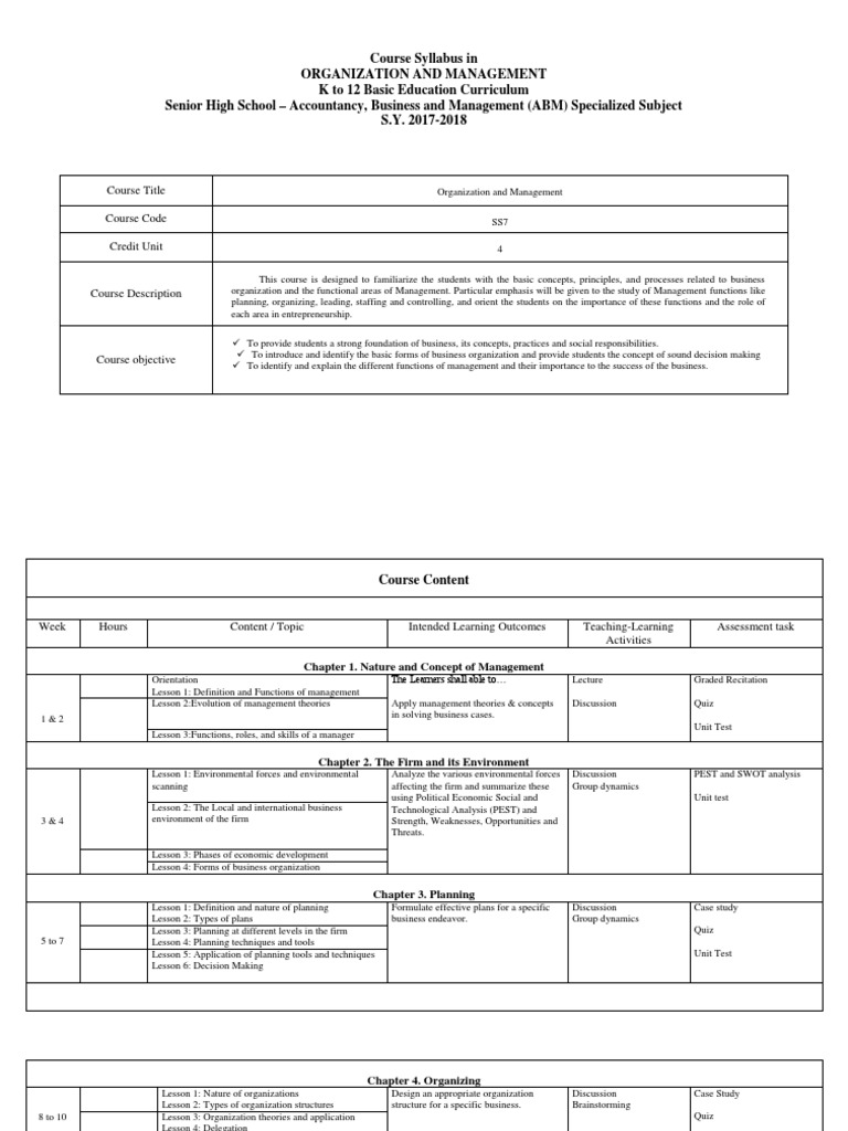 Organization and Management Syllabus Case Study Employment