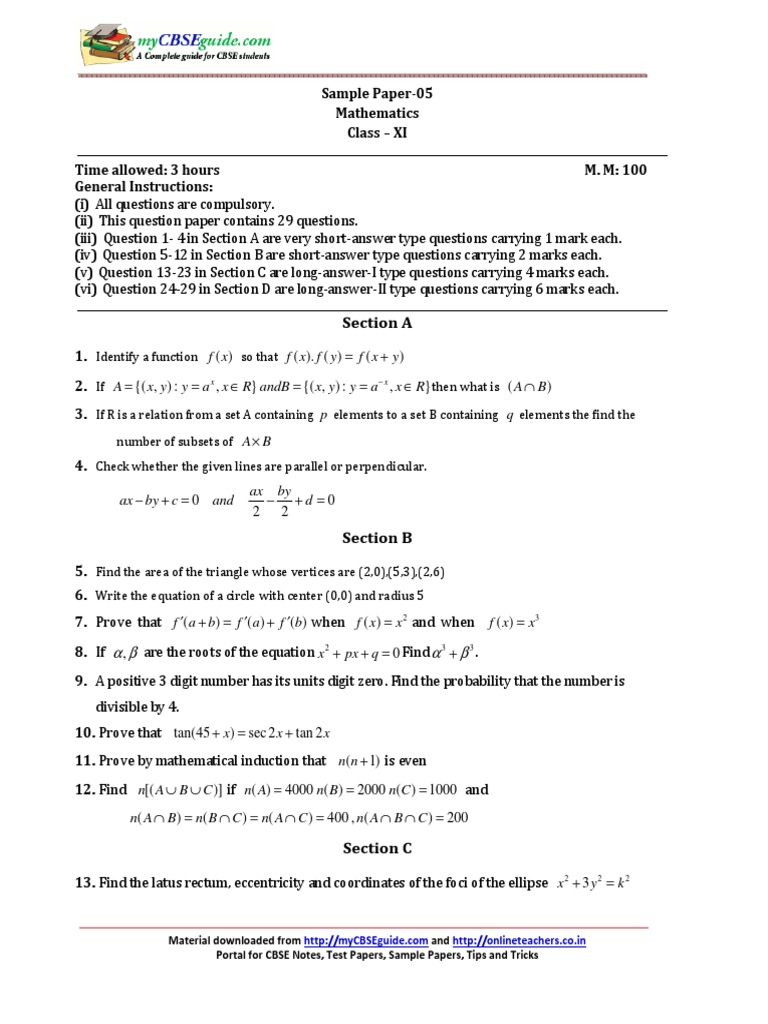 2017 11 Sample Paper Mathematics 05 QP PDF | PDF | Elementary ...