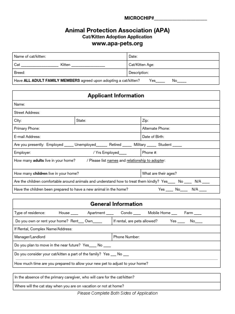 Cat Adoption Application Form | PDF | Animals And Humans | Domesticated ...