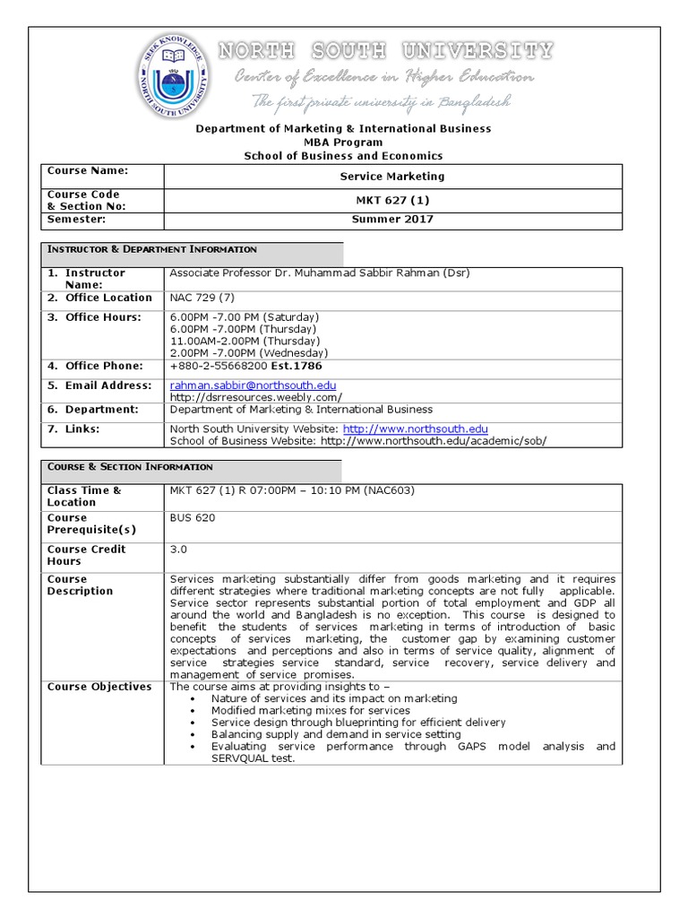 Mba Program Course Outline MKT 627 Services Marketing | PDF | Textbook ...