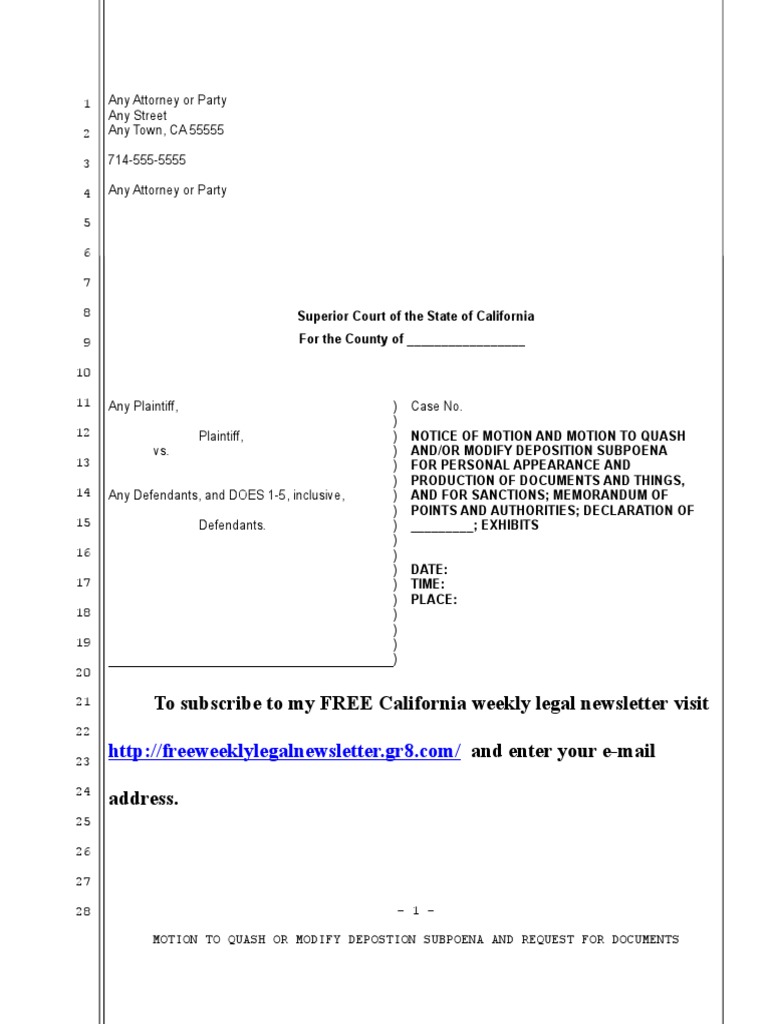 Sample Motion To Quash or Modify Deposition Subpoena in California ...