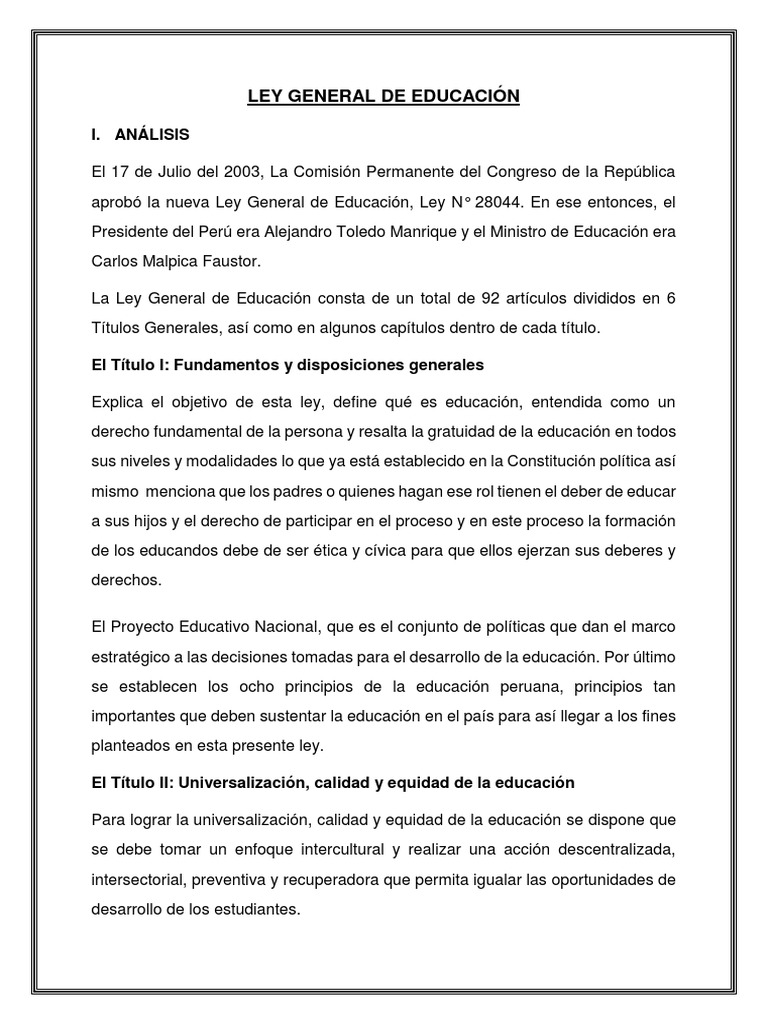 Ley General de Educación N° 28044 en Perú | PDF | Educación primaria ...
