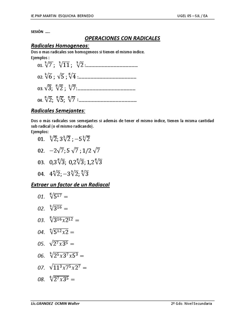 Taller De Aula Operaciones Con Radicales Pdf