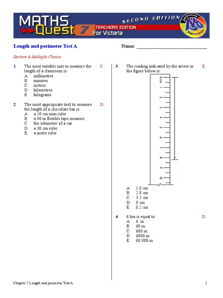 Chap07-Test-A Lengh & Perimeter | PDF | Kilometre | Length