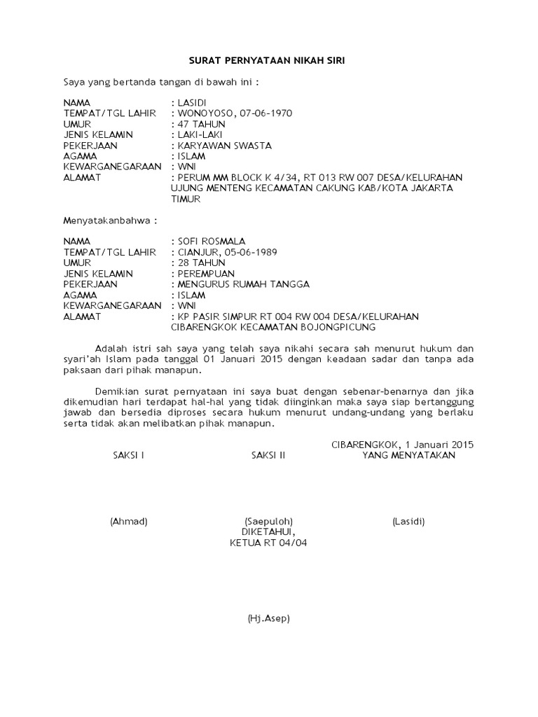 Surat Pernyataan Nikah Siri (RT)