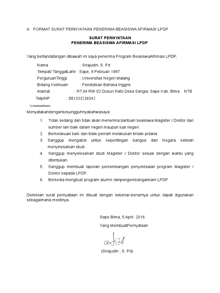 Format Surat Pernyataan Penerima Beasiswa Afirmasi Lpdp