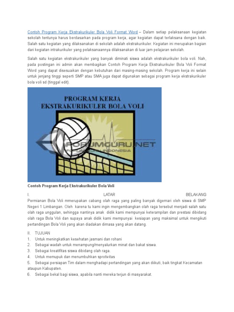 Contoh Program Kerja Ekstrakurikuler Bola Voli Format Word
