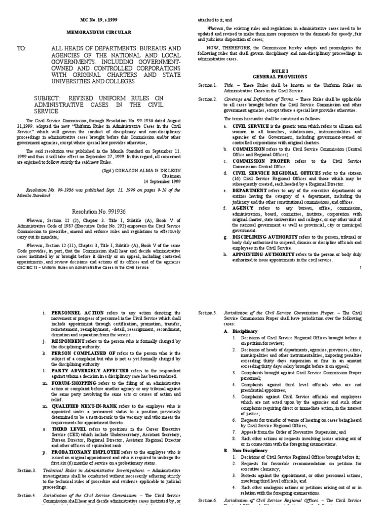 Uniform Rules on Administrative Cases in the Civil Service Complaint