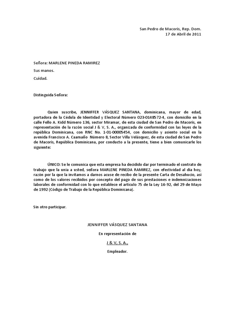 Carta de Desahucio | República Dominicana | Derecho laboral