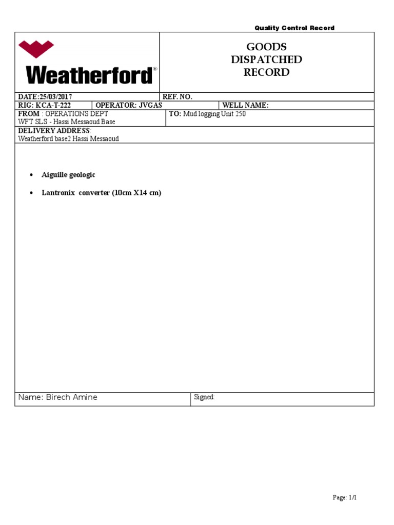 Quality Control Dispatch Record | PDF