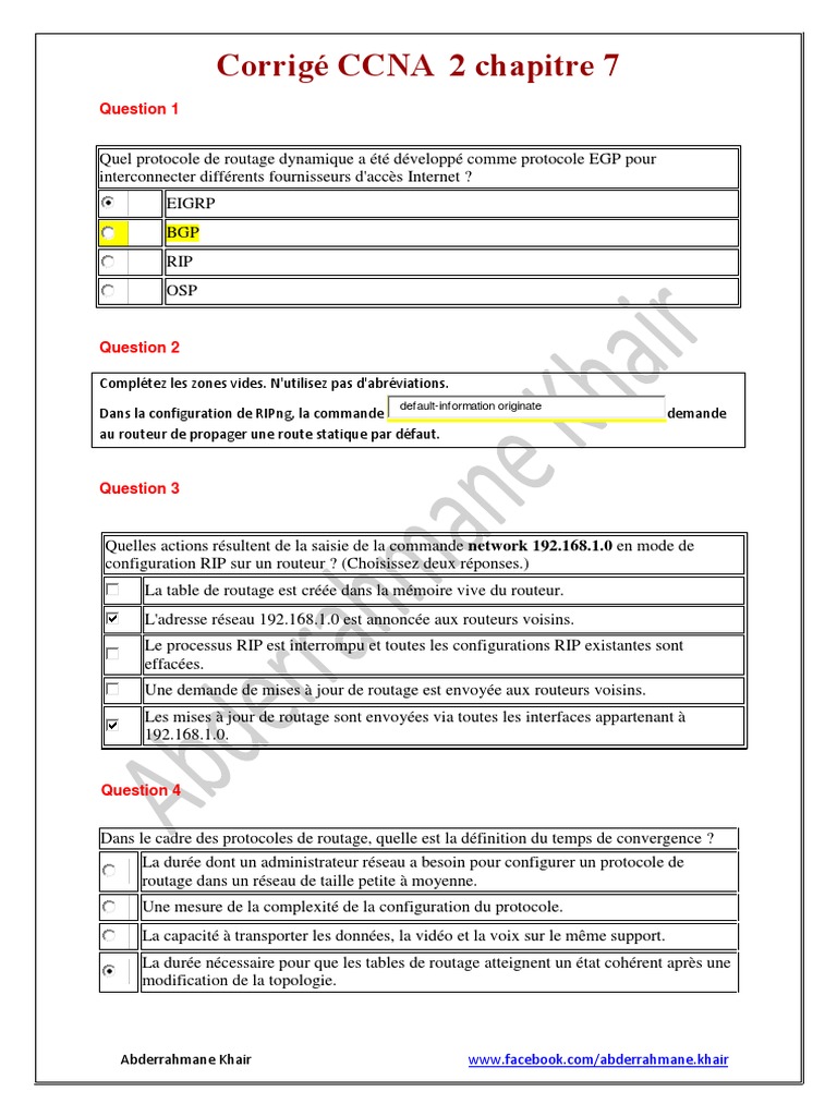 Corrigé CCNA 2 Chapitre 7 | PDF | Routage | Adresse IP