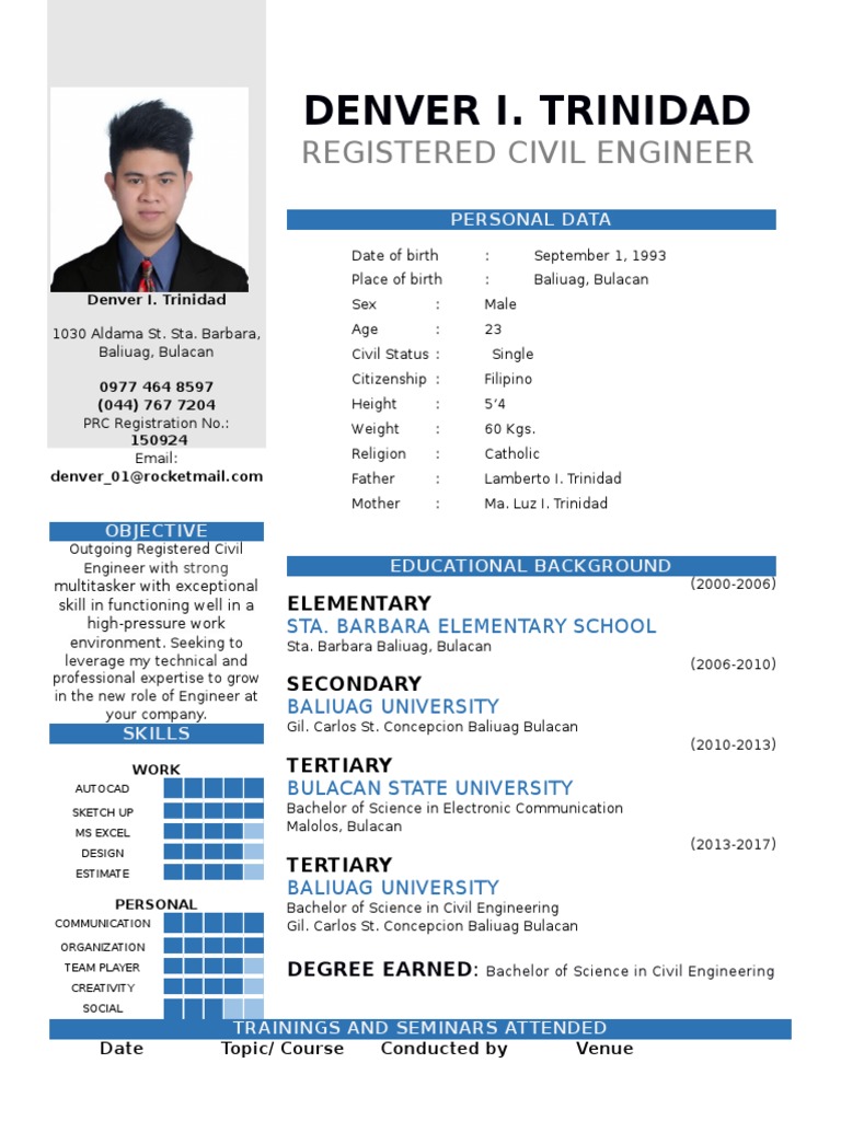 Resume and Profile of Recent Civil Engineering Graduate Denver Trinidad