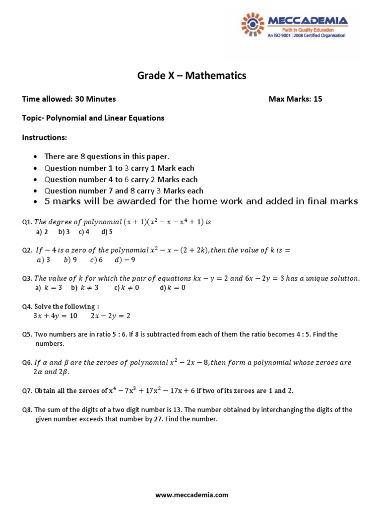 Grade X - Mathematics: Time Allowed: 30 Minutes Max Marks: 15 Topic ...