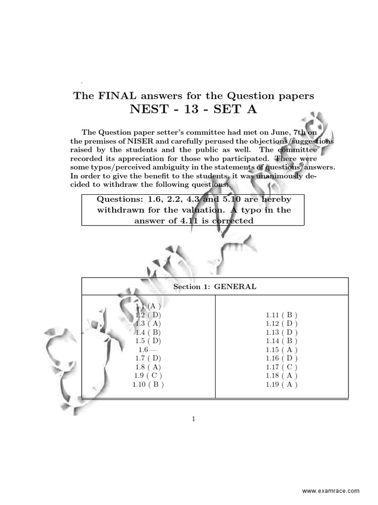 NEST Paper A Answer Key 2013 | PDF | Cognition