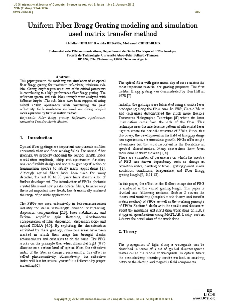 Uniform Fiber Bragg Grating Modeling and Simulation Used Matrix ...