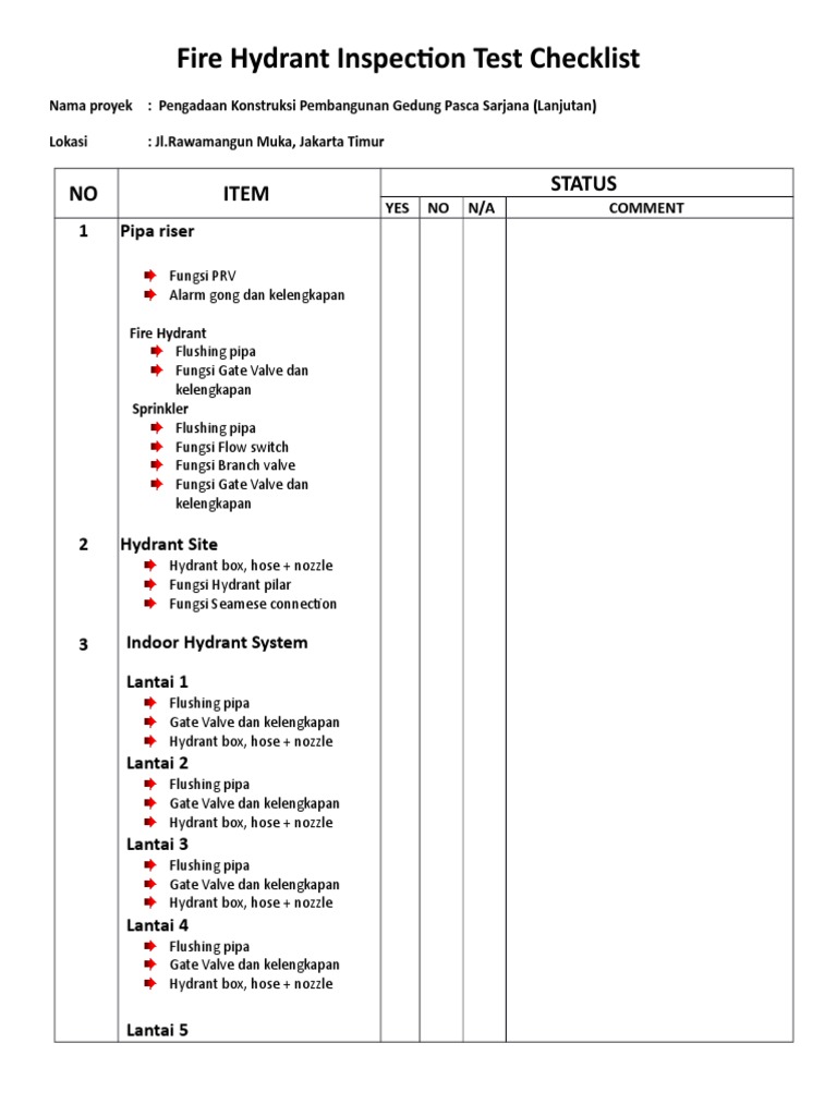 Fire Hydrant Inspection Test Checklist