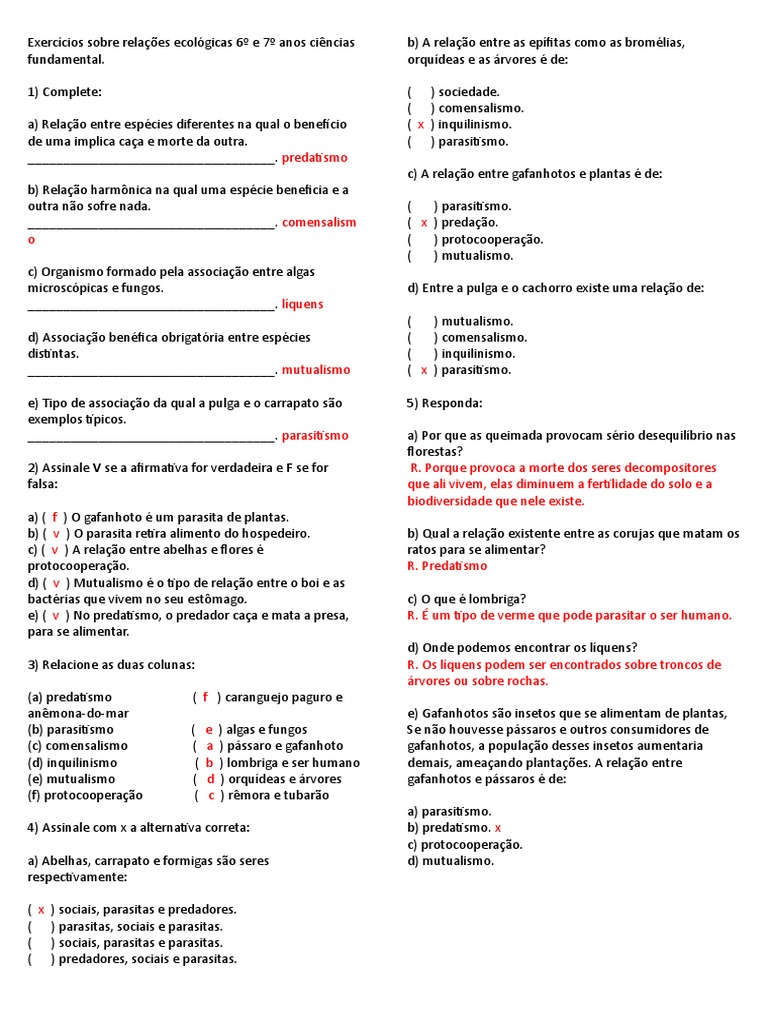 Exercícios Sobre Relações Ecológicas 7º Anos | Predação | Ecologia