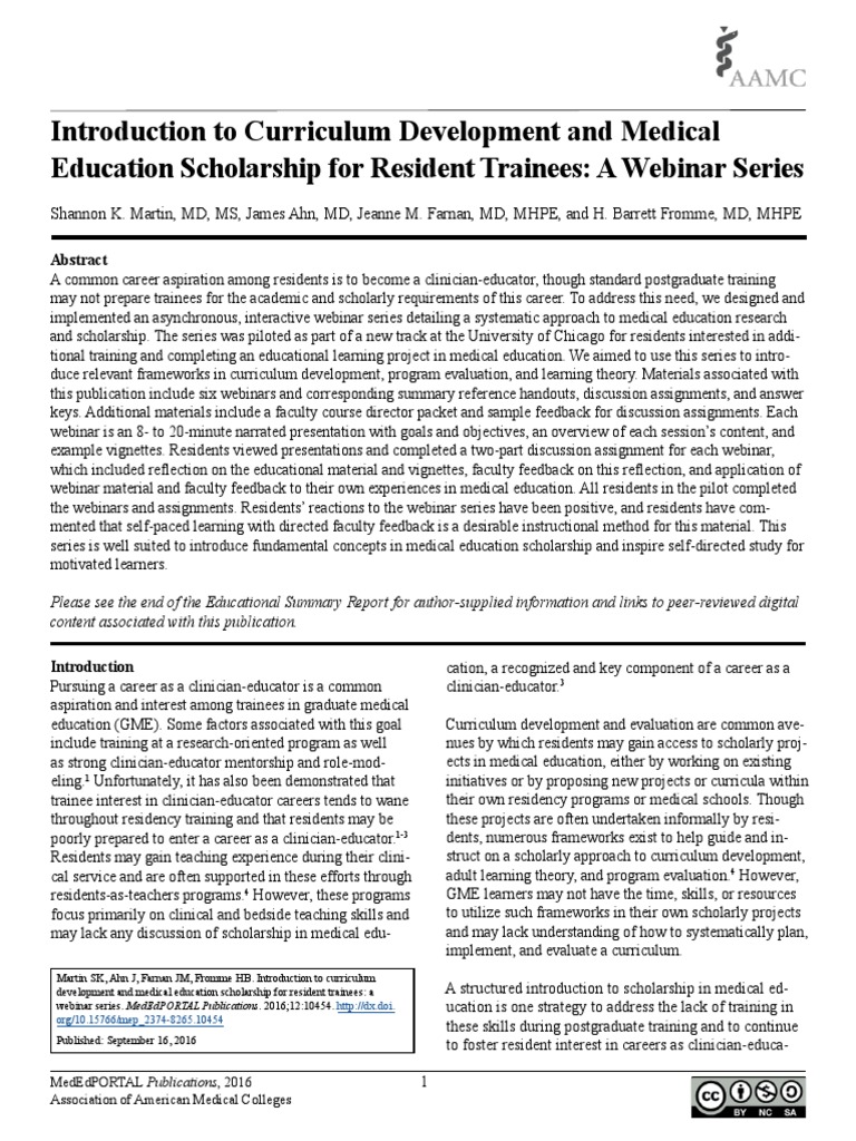 Webinar Series on Medical Education Scholarship | PDF | Residency ...